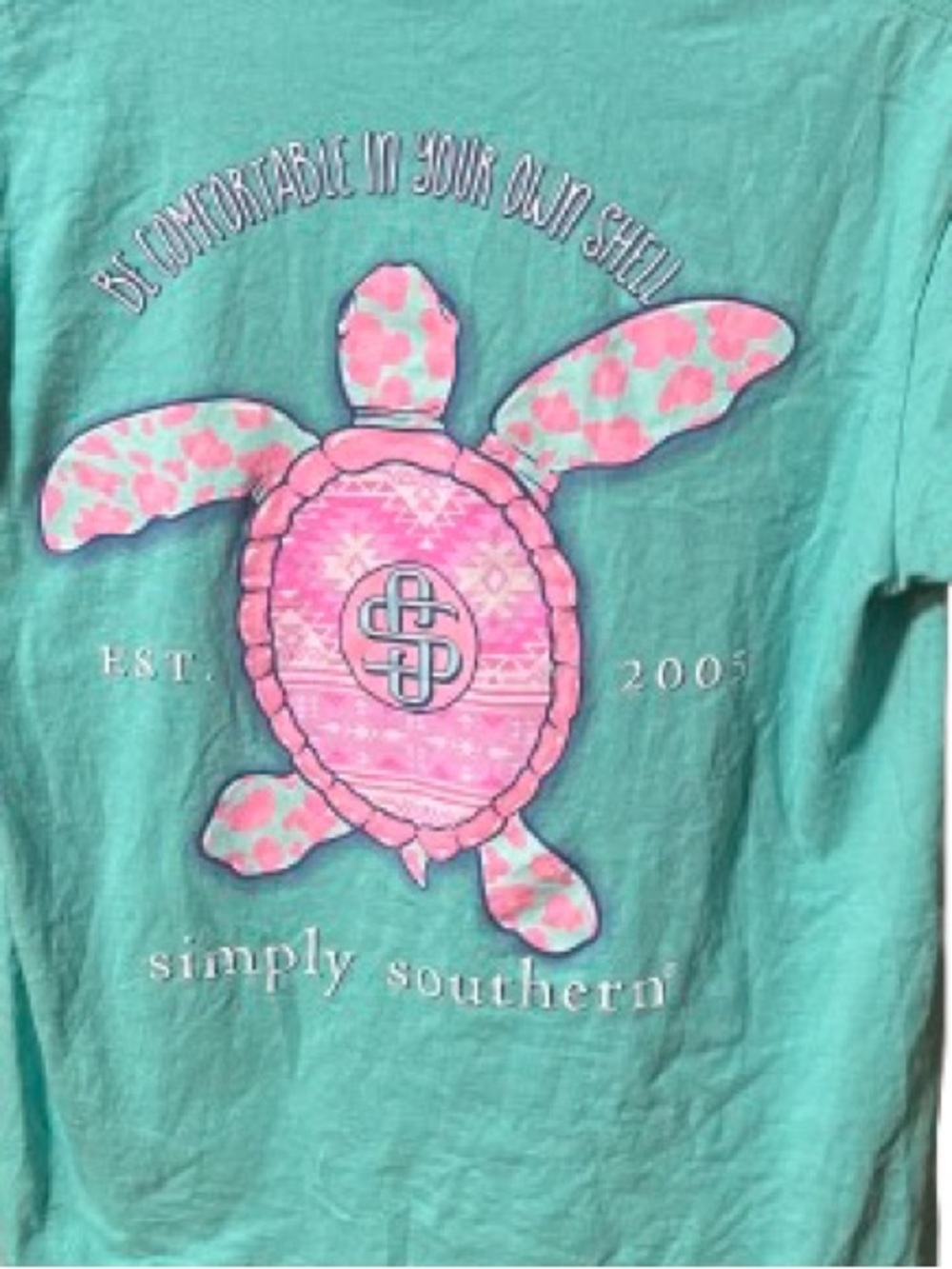 Simply Southern Teal Short Sleeve Tee with Pink Turtle Graphic Size Medium